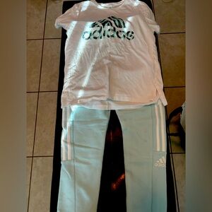 Adidas White Tee and Blue Track Pants youth girls size 14